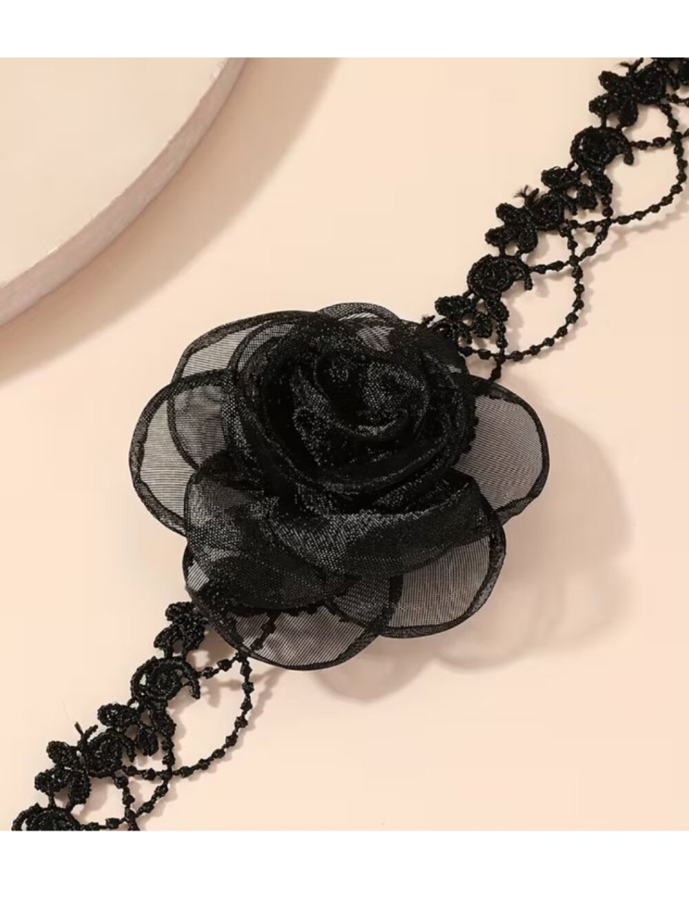 Choker Delicate Black Lace w/Black Chiffon Rose Gothic Cosplay Steampunk Party - Picture 4 of 5